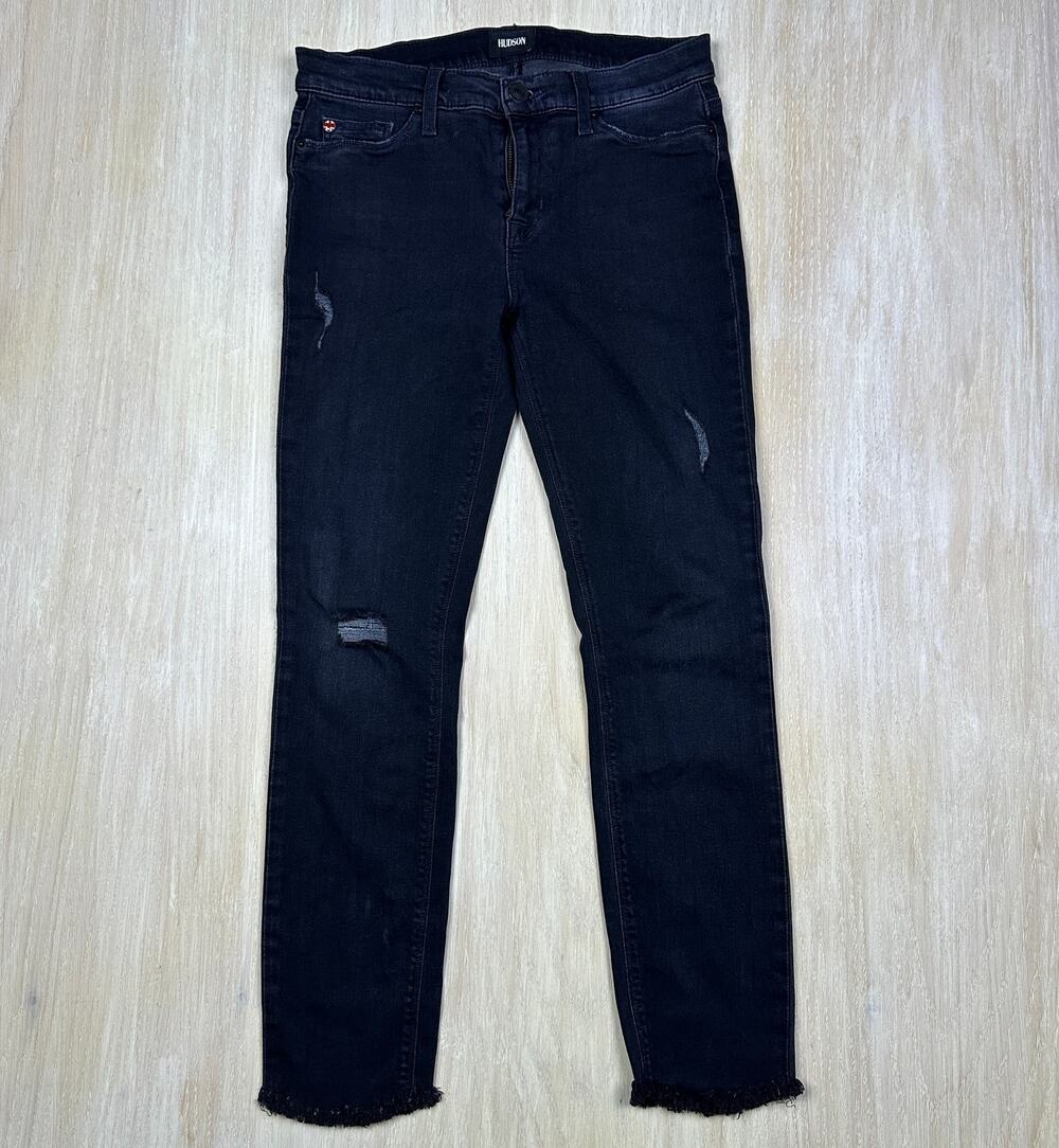 Hudson Black Dark Wash Nico Mid Rise Super Skinny Denim Distressed Jeans 26
